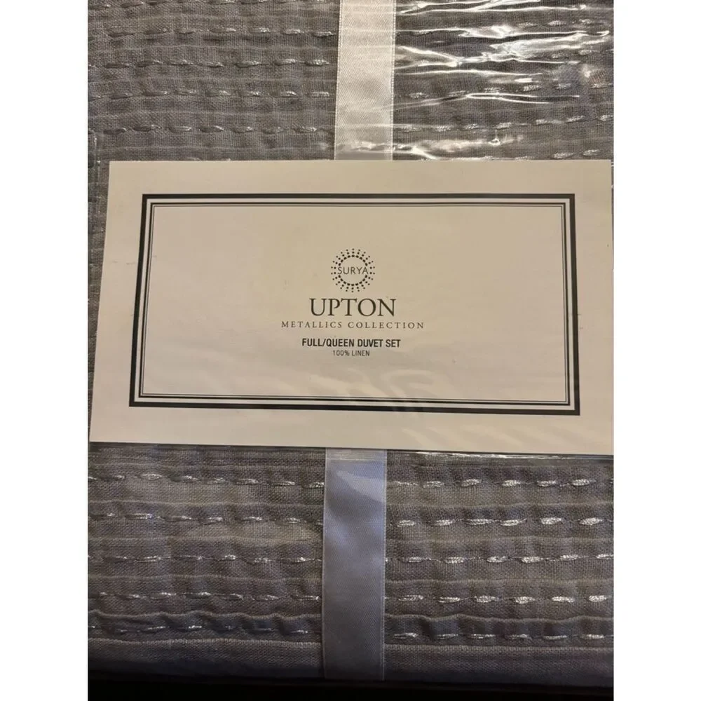 650$ New SURYA Upton Metallic Collection Linen Duvet Set Full/Queen